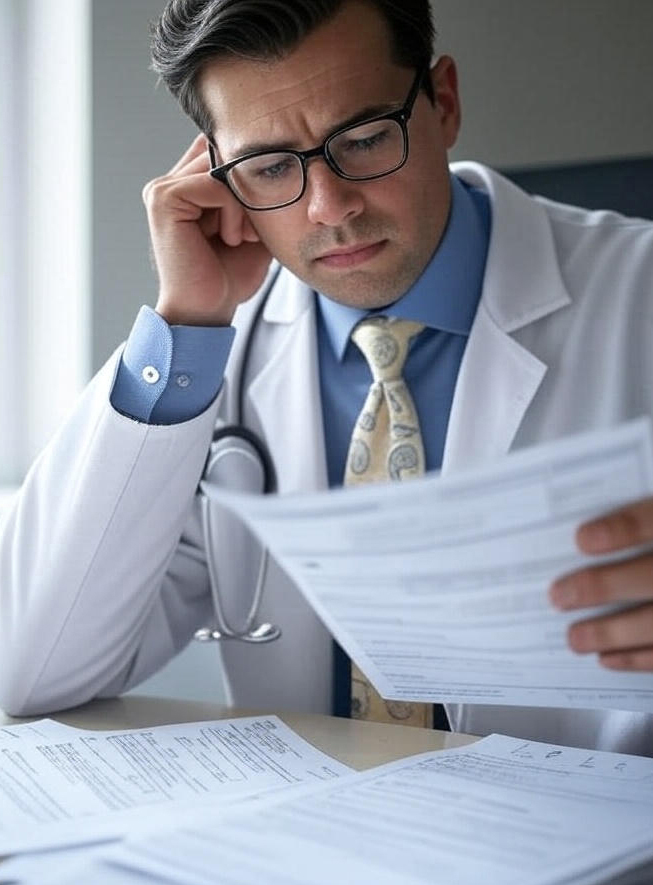 A stressed doctor that needs help from 1 hour DOT, the franchise for DOT physicals 1 Hour DOT, the best franchise for DOT physicals!